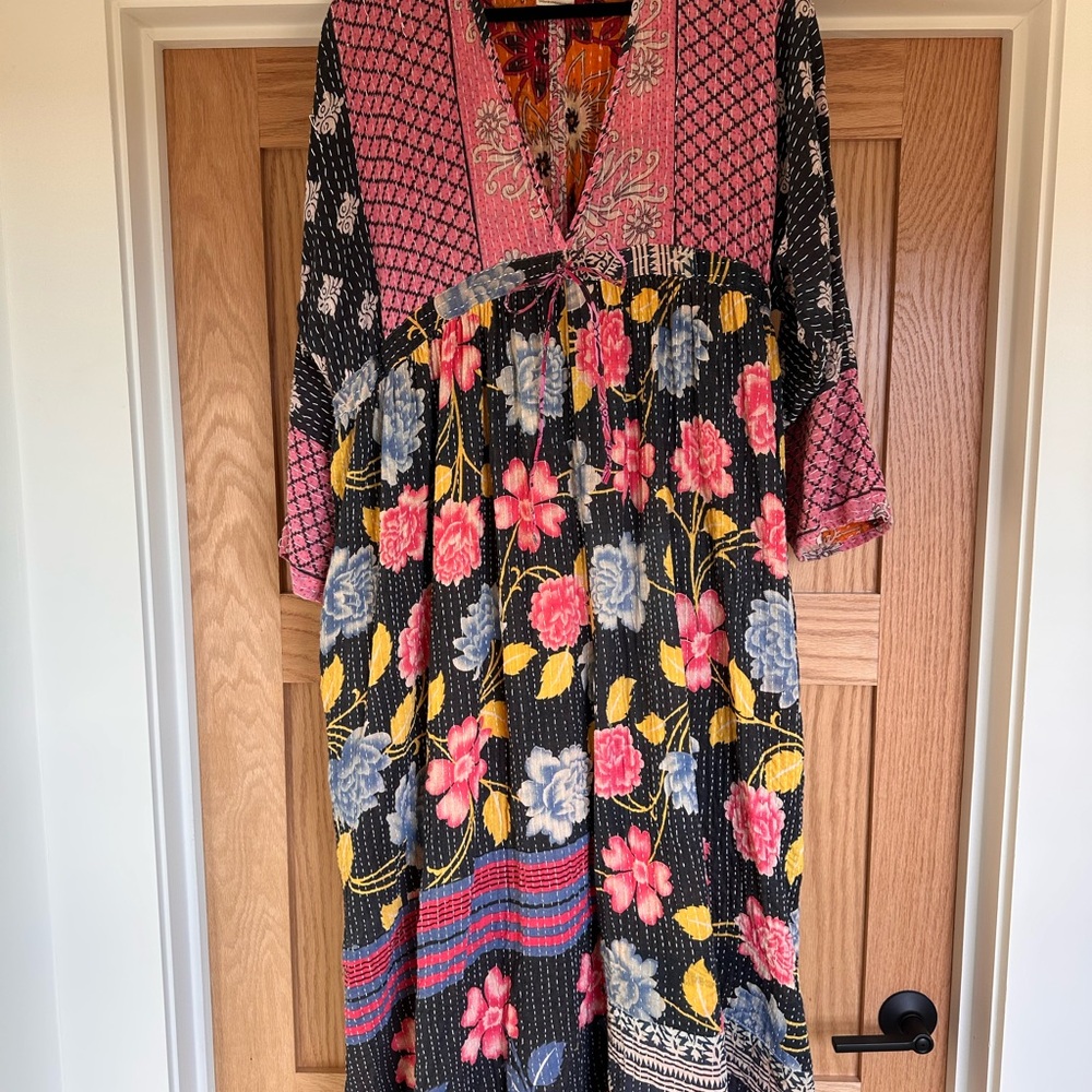 Renew Vintage Floral Kantha Luna Dress with Pink and Black Accents